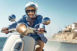 Happy mature woman on scooter, in the style of use of vintage imagery photo