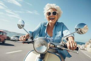 Happy mature woman on scooter, in the style of use of vintage imagery photo