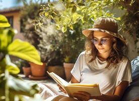 niña leyendo libro en patio en soleado clima foto