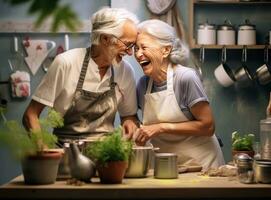 Old couple cooking at the kitchen photo