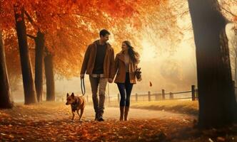 couple walking their dog in autumn park photo