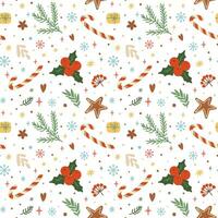 Christmas candy cane pattern, floral leaves, berries, snowflakes, stars, fir branches elements on white background. Vector winter holiday repeat background. Cute xmas wallpaper, wrapping paper, fabric