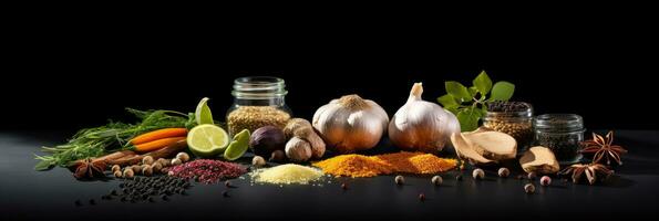 Wide variety spices and herbs on background of black table, with empty space for text or label. Spices and herbs for cooking. Generative Ai photo