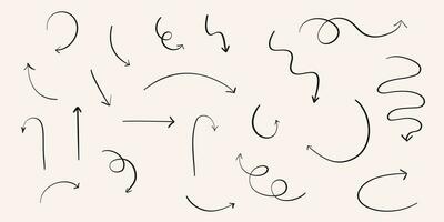 Vector symbols, arrows, pointers, direction, guides from different angles in hand drawn style