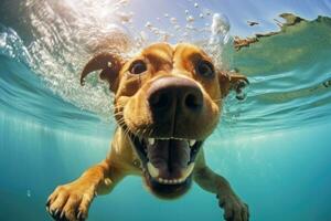 Happy dog diving underwater in swimming pool. Generative AI photo