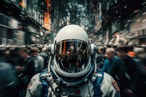 Astronaut wearing space suit at crowded street in rush hour. Generative AI photo
