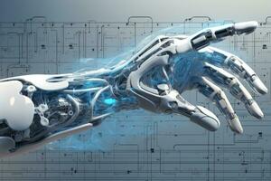 Robotic hand touching abstract cyberspace. Generative AI photo
