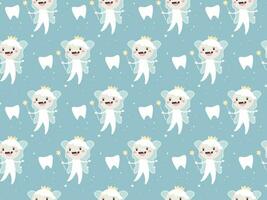 Seamless pattern Tooth Fairy with magic wand and tooth. Vector illustration