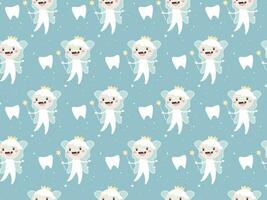 Seamless pattern Tooth Fairy with magic wand and tooth. Vector illustration