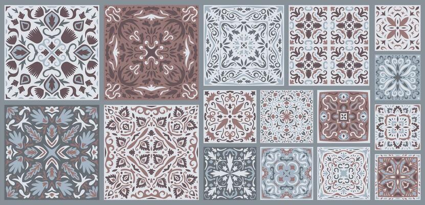 Set of patterned azulejo floor tiles. Collection of ceramic tiles