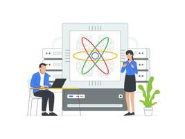 Illustration of engineers and scientists utilizing quantum computer chips for advanced computations. Modern flat cartoon style. Vector graphic