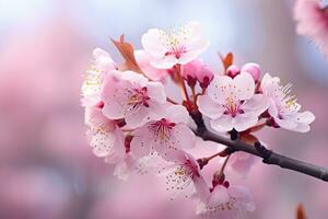 Beautiful blooming sakura flowers on blurred background, closeup, cherry blossom in spring, macro photo with shallow depth of field, AI Generated