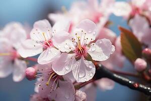 Beautiful cherry blossom in spring, close-up, macro, cherry blossom macro close up with shallow depth of field, AI Generated photo