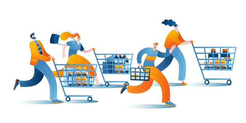 Set of people with carts shopping in the supermarket.