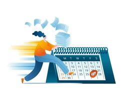 A girl runs with papers in her hands against the background of a calendar. vector