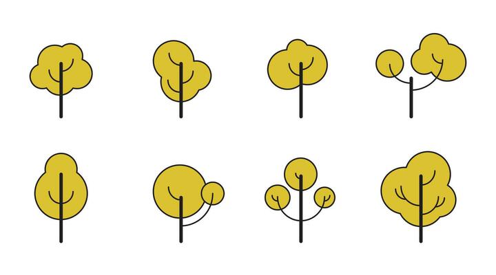 Illustration flat green trees set. Nature forest, plant, leaf, leaves in flat style design, isolated on white background. Vector icon