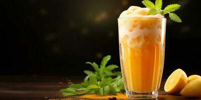 close up of Fresh Carrot Juice with vegetables, isolated on black background, AI Generated photo