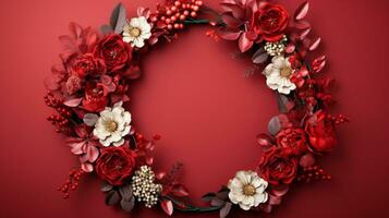 Top view of Blooming colorful wreath flowers and petals isolated on red table background, Floral frame composition, copy space, flat lay, AI Generative photo