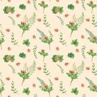 Seamless watercolor pattern with cloudberry leaves and berries, fern, green branches, yellow wildflowers. Botanical summer hand drawn illustration. Can be used for gift wrapping paper, kitchen textile vector