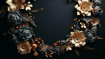 Top view of Blooming colorful wreath flowers and petals isolated on table black background, Floral frame composition, copy space, flat lay, AI Generative photo