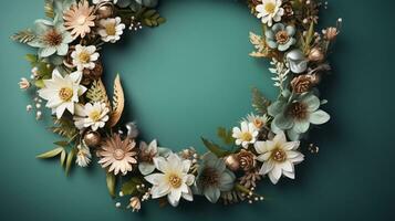 Top view of Blooming colorful wreath flowers and petals isolated on green table background, Floral frame composition, copy space, flat lay, AI Generative photo