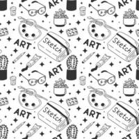 Flat doodle seamless pattern with art stationary. Minimalistic sketch unique design. Grey isolated art elements on white background. Good for decoration, textile, wrapping paper, background vector