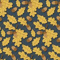 Flat hand drawn oak leaves seamless pattern on dark background. Vector isolated autumn yellow leaves and acorns. Cartoon botany design. Perfect for wrapping paper, textile, home decor