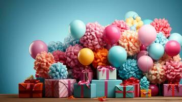 vistoso fiesta escena con globos y regalos en un azul pared un festivo y alegre antecedentes ai generativo foto
