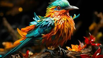exótico pájaro con azul cabeza y naranja cuerpo en un negro antecedentes mullido pájaro en un floración rama ai generado foto
