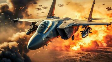 Fighter Jet Flying Over Fiery Explosion Military Power and Technology AI Generated photo