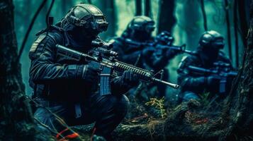 Special Forces Team in Camouflage and Helmets on a Combat Operation in dense forest AI Generated photo
