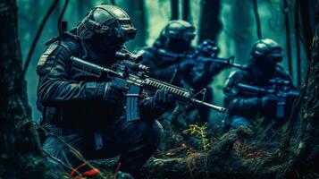 especial efectivo equipo en camuflaje y cascos en un combate operación en denso bosque ai generado foto