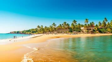 tropical paraíso un soleado día en el playa con palma arboles y blanco recurso en Ir a India ai generado foto