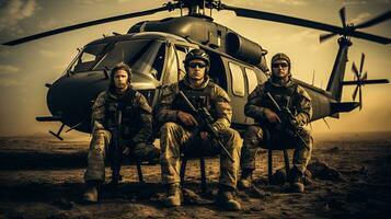 comando equipo con pistolas y helicóptero en Desierto ai generado foto