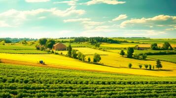 agrícola paisaje un pacífico y hermosa campo con cultivos y casa de Campo ai generado foto