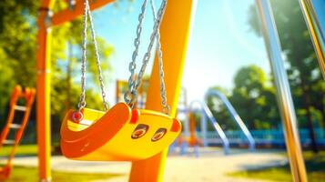 A CloseUp Photo of a Yellow Swing with Holes for Legs in Playground AI Generative