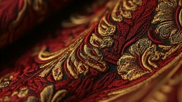 Vintage Decoration of a Red and Gold Damask Fabric A Draped and Folded Image of a Beautiful and Colorful Material with an Arabesque Pattern and a Shiny Effect AI Generative photo