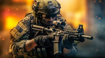 Special Forces Soldier in Camouflage Gear and Rifle AI Generated photo