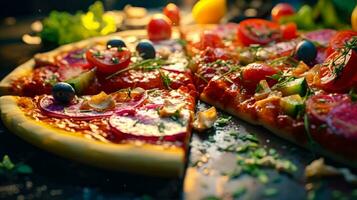 Close-up of a Pizza Slice with Tomato Sauce, Cheese, and Vegetables A Tasty and Appetizing Food Image AI Generative photo