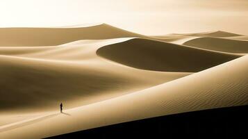 Minimalist Image of a Person Walking in a Desert with Sand Dunes A Person in a Robe on a Smooth AI Generative photo