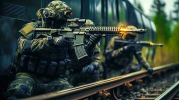 táctico operaciones de camuflado Ejército tropas con reprimido armas en bosque ai generado foto