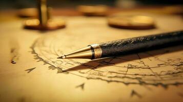 Antique Writing Instrument and Map with Gold Coins AI Generative photo