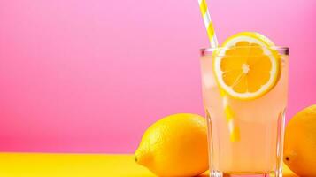 Pink and Yellow Summer Background with a Glass of Lemonade and Fresh Lemons AI Generative photo