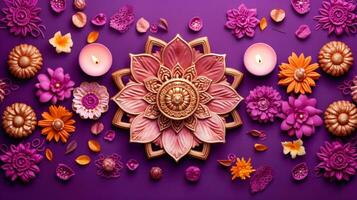 Flower Mandala and Candles on Deep Purple Background A Peaceful and Colorful Diwali Image AI Generated photo