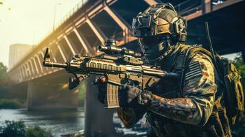 Special Forces Team in Action Assaulting a Target with Firearms and Flames AI Generated photo
