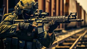Special Force Soldier in Combat Gear and M16 Carbine on Train Tracks AI Generated photo