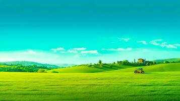agricultura en un soleado día un vibrante y natural paisaje con un pequeño casa y un azul cielo ai generado foto