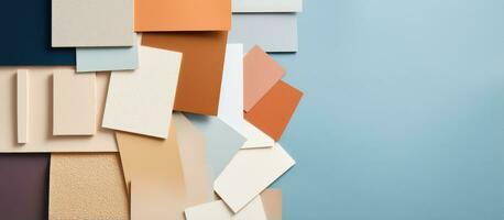 Top view composition of interior design material samples on a colored background photo