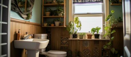 Compact bathroom featuring a wooden vanity sink patterned shower curtain toilet in the center and three hanging plants on the railing below photo