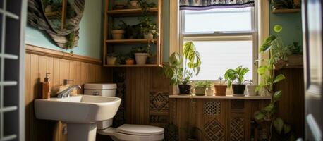 compacto baño presentando un de madera vanidad lavabo estampado ducha cortina baño en el centrar y Tres colgando plantas en el barandilla abajo foto